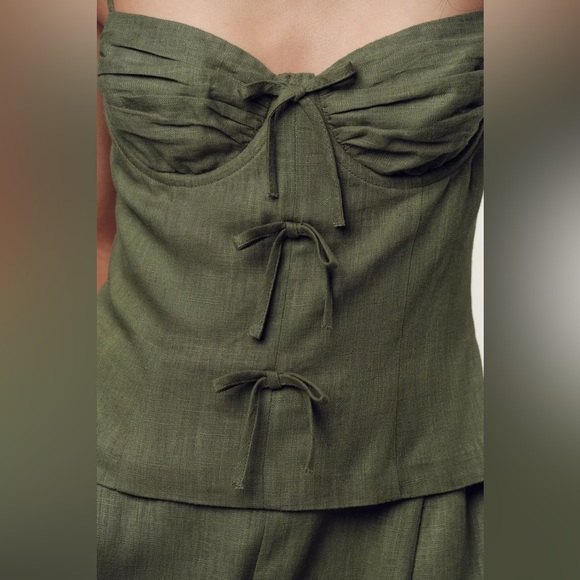 Zara NWT Olive Green Linen Blend Wide Leg Jumpsuit with Bow Details (Size Small) - Picture 2 of 12
